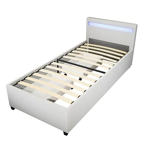Home Deluxe LED Bett NUBE - Weiß, 90 x 200 cm mit Lattenrost - Stilvolles Polsterbett mit integrierter Beleuchtung und praktischen Schubladen, perfekt für moderne Schlafzimmer.