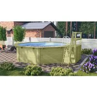 Karibu Pool X2 KDI Innenhülle Blau - Swimmingpool aus 38 mm kesseldruckimprägniertem Holz, langlebig und witterungsbeständig. Inklusive blauer Poolfolie für einfachen Folientausch und Edelstahl-Einhängeleiter für bequemen Zugang.