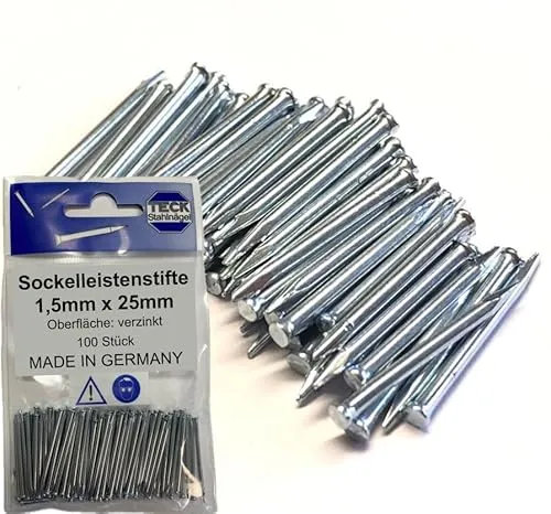 TECK Stahlnägel Sockelleistenstifte Ø1,5mm x 25mm verzinkt - 100 Stück | Extra stabil für Mauerwerk & Sockelleisten | Made in Germany