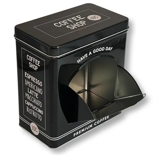MediMuc Vorratsdose Kaffeedose Teedose eckig mit Schublade, lackiert schwarz mit weisser Schrift Maße: (H/B/T) ca. 17,5 × 16,1 × 9,6 cm Volumen ca. 2,5L