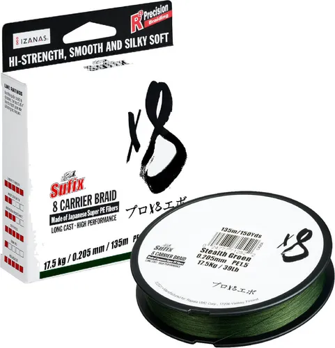 Sufix X8 Stealth Green Braid Line - 150m geflochtene Angelschnur, Durchmesser/Tragkraft:0.148mm / 7.5kg / 17lbs