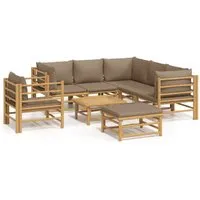 vidaXL 8-tlg. Garten-Lounge-Set mit Kissen Taupe Bambus - Gartenmöbel-Set aus robustem Bambus, ideal für entspannte Stunden im Freien. Inklusive bequem gepolsterter Kissen und praktischem Tisch für Getränke und Snacks.