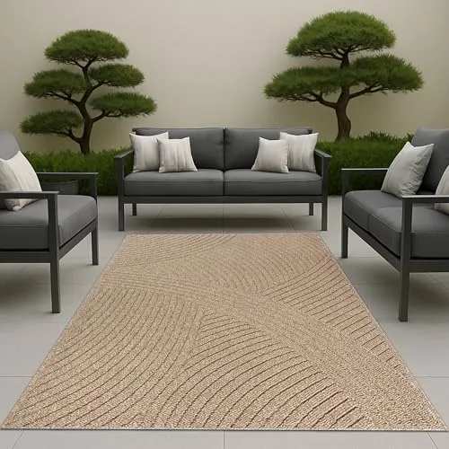 CARPETIA In & Outdoor Teppich für Balkon Terrasse Wohnzimmer mit Jute Optik und geschwungenem Strukturmuster robust pflegeleicht beige 120 x 160 cm