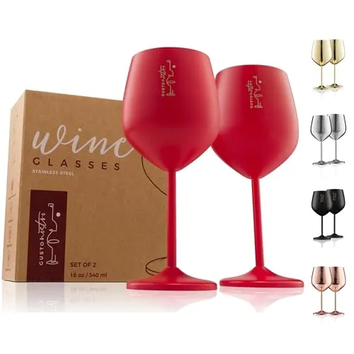Weingläser mit Stiel aus Edelstahl - Unzerbrechliche Kelche mit 540 ml Fassungsvermögen für Poolpartys im Freien, Jubiläen - Elegantes Trinkgeschirr in Rot für Champagner und Cocktails (2er Pack)