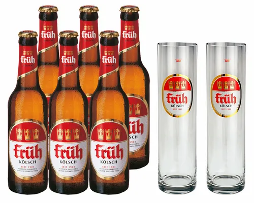Früh Kölsch Set - 6x 0,33L Früh Kölsch Bier + 2 Biergläser - Kategorie: Sonstige, Genießen Sie 6 Flaschen erfrischendes Früh Kölsch mit 2 stilvollen Biergläsern – perfekt für gesellige Abende!