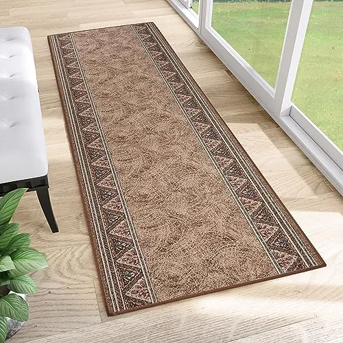 TAPISO Anti Rutsch Teppich Läufer rutschfest Brücke Meterware Oriental Floral Design Meliert Braun Beige Flur Küche Wohnzimmer 67 x 200 cm