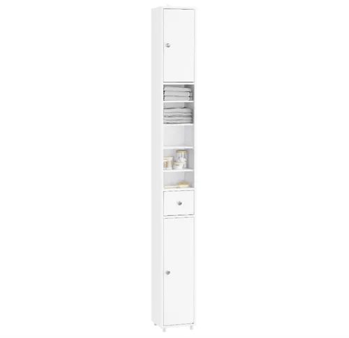 SoBuy Hochschrank in Weiß – Schmaler Badschrank aus Holzwerkstoff