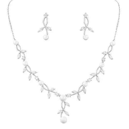 KBRPEY Hochzeit Schmuckset Damen Halskette Armband Ohrringe in Form Eines Blattes mit Perlen und Zirkonia Hochzeitstag Geschenke für Braut Frauen