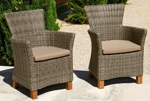 MERXX Gartensessel Toskana 2er Set - Gartenstühle aus Polyrattan in grau-braun, wetterfest und ideal für entspannte Stunden im Freien. Leicht zu montieren und mit bequemen Auflagen für zusätzlichen Komfort.