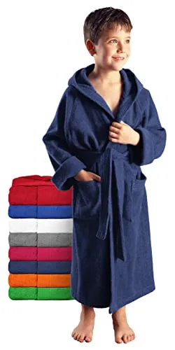 Arus Kinder-Bademantel mit Kapuze für Jungen und Mädchen, 100% Baumwolle Frottee, lang, Marine, 164