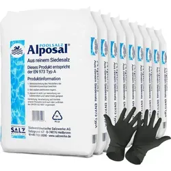 Alposal Poolsalz 225kg - Hochreines Schwimmbadsalz für Chlorinatoren - Chlorersatz, 99,9% reines Siedesalz für Salzelektrolyse, hautfreundlich und ideal für allergische Hautreaktionen. Inklusive 1 Paar ARNOMED Einweghandschuhe.