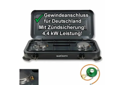 BlueCraft Gaskocher 2 flammig mit Zündsicherung 50mbar Propan Gas Campingkocher 4,4 kW, (mit Schlauch 100 cm und Gas Regler Druckminderer), Camping Gas Kocher 2 flammen für Gasflasche Gasherd Gas-Kochfeld
