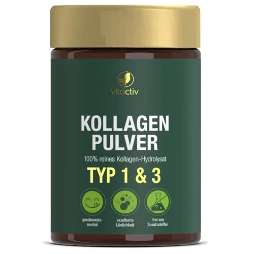 Vitactiv Kollagen Pulver - Kollagen Protein zur Unterstützung von Haut, Haaren und Nägeln. Einfach täglich ins Getränk einrühren für straffe, jugendliche Haut und einen schönen Glow.