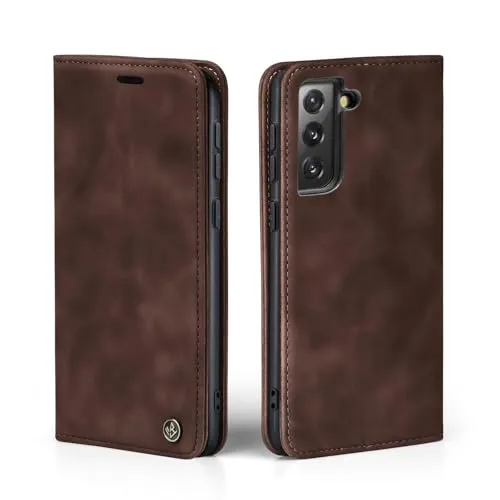 LBH Handyhülle für Samsung Galaxy S21 FE in Dunkelbraun mit Karten- und Geldfach Smartphone Hülle mit Standfunktion Flip Case Schutzhülle Magnetverschluss Vintage