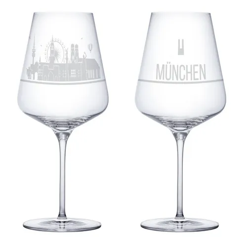 3forCologne Weinglas I LOVE München 2er Set - Rotweingläser mit gravierter Münchner Skyline, hochwertiges Kristallglas, spülmaschinengeeignet und perfekte Geschenkidee für Deutschlandfans.