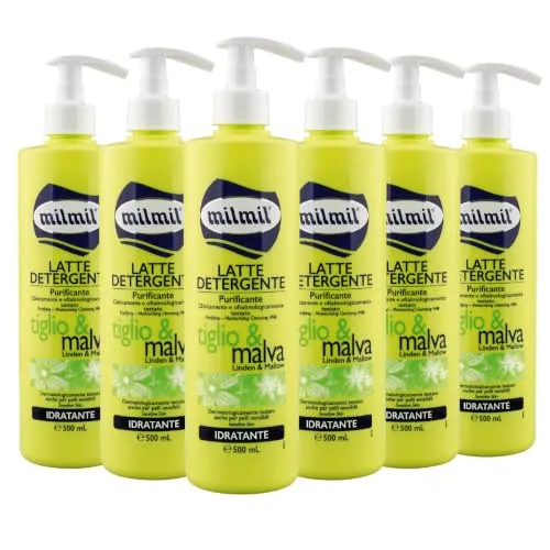 Milmil Reinigende und feuchtigkeitsspendende Reinigungsmilch, Duft Linde und Malve, mit Spender – 6 x 500 ml