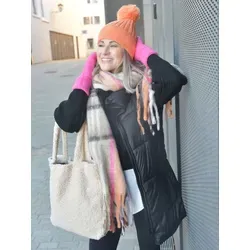 styleBREAKER Damen Tasche aus Teddyfell mit breiten Henkeln | kuschelige Beuteltasche mit Magnetverschluss | weich gefüttert & ideal als Shopper - Beige