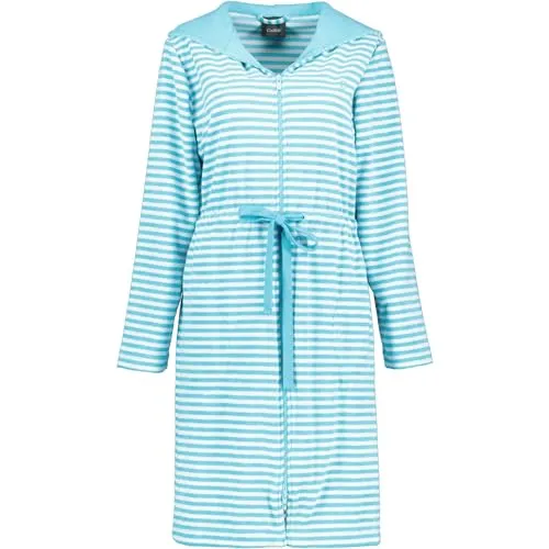 Cawö Home Bademantel Damen Kurzmantel Campus 834 türkis - 47 XS - Bademantel für Damen mit attraktivem Streifen-Design, Reißverschluss und pflegeleichtem Baumwoll-Mischgewebe, ideal für entspannte Stunden zu Hause.