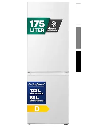Heinrich's Kühlgefrierkombination 175 Liter - XXL, leise und energieeffizient - Kühlschrank mit 122L Kühl- und 53L Gefriervolumen. Mit LED-Beleuchtung, 7 Temperaturstufen und nur 39dB für ruhigen Betrieb. Ideal für frische Lebensmittel und Tiefkühlprodukte.