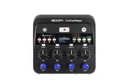 Zoom PodTrak P4next Podcasting Recorder - Mobile Recorder mit 4 Mikrofoneingängen, individueller Phantomspeisung und integrierten Effekten. Ideal für unterwegs, kompakt und leicht mit einfacher Bedienung über OLED-Display.