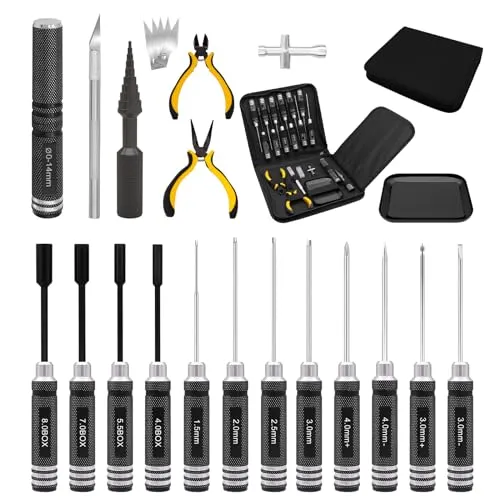 in 1 RC Werkzeugsatz, RC Schraubendreher Tools Set Sechskant Sechskantmutter Kreuzschraubendreher Schlitzschraubendreher Zange RC Reparatur Set für 1/8 1/10 Traxxas Axial Arrma DJI Drohnen Schwarz 19