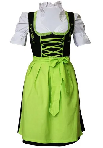 Edelnice Dirndl - 3-teiliges Dirndl in Schwarz mit grüner Stickerei, ideal für festliche Anlässe. Die aufwendige Blumenstickerei und die passende Schürze machen es zum absoluten Hingucker!