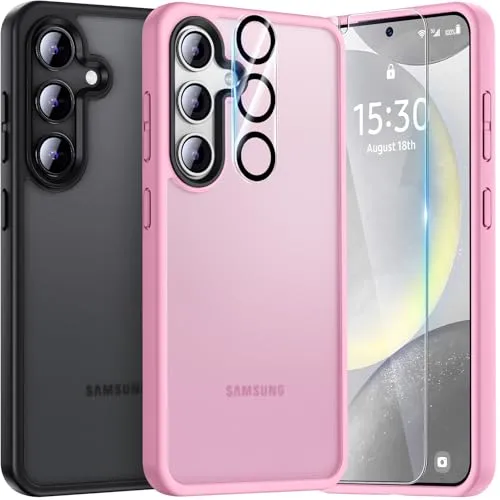 UniqueMe für Samsung Galaxy S24 Hülle, 5-in-1-Set Handyhülle für Samsung Galaxy S24 Case Rundumschutz Schutzhülle Cover,1 Handyhülle & 2 Schutzfolie & 2 Kameraschutz - Matt Rosa