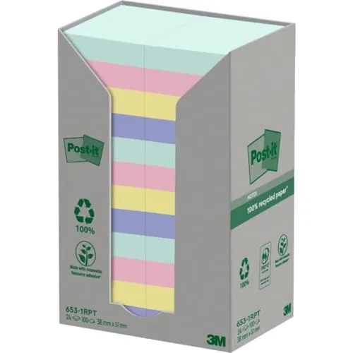 Post-it Haftnotizen Recycling Notes 51 mm x 38 mm - Umweltfreundliche Haftnotizen in 24 bunten Blöcken, ideal zum Organisieren und Notieren, 100 Blatt pro Block für vielseitigen Einsatz.