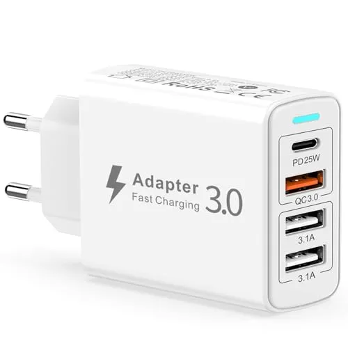 USB C Ladegerät, USB Ladegerät Mehrfach 40W 4-Port USB C Netzteil mit PD&QC3.0 Schnellladegerät, USB Stecker Mehrfach Ladestecker Handy Ladegerät Adapter für iPhone 17 16 15 14 13 12 11,Samsung Galaxy