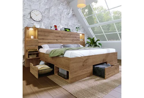 Flieks Holzbett, Doppelbett 160x200cm mit Leselicht USB/Type-C Nachttisch Schubladen