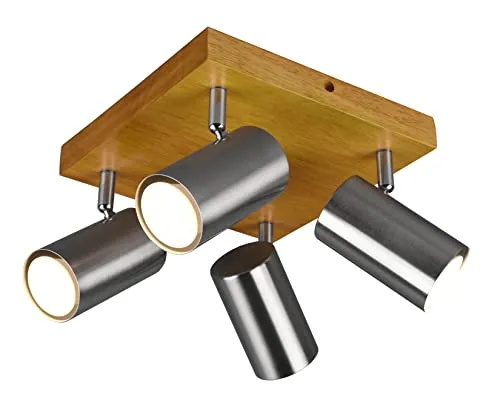 Trio Leuchten Deckenleuchte Marley 812400407 - Moderne 4-flammige Deckenleuchte aus Metall in Nickel matt und Eiche, mit dreh- und schwenkbaren Spots für flexible Lichtgestaltung. Ideal für stilvolle Wohnräume.