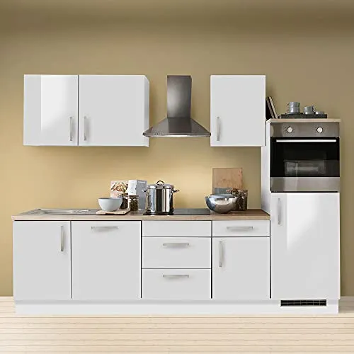 Lomadox Küche mit Elektrogeräten 280cm | Küchenzeile Küchenblock Einbauküche Geschirrspüler | Weiss/Graphit