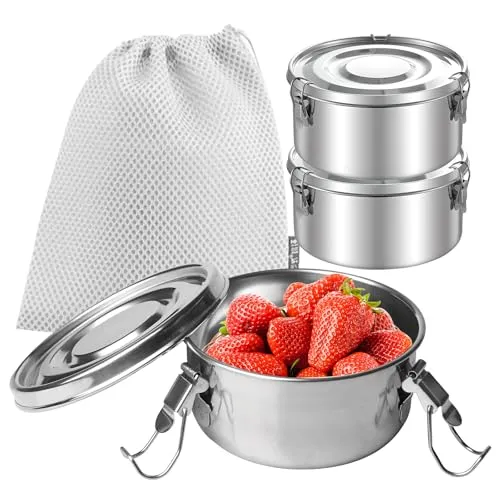 Brotdose Edelstahl,3 Stück 360 Ml Edelstahl Dose Mit Kordelzugtaschen,Edelstahls Behälter Mit Deckel,Frischhaltedosen Edelstahl,Lunchbox Edelstahl Rund Für Camping Ausflüge,Mittagessen,Suppen,Salate