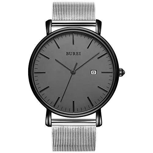 BUREI Minimalist Herrenuhr Classy Date Gents Armbanduhr mit einfachem Band, einfach, großes Zifferblatt aus Edelstahl