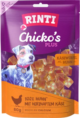 Rinti Hunde-Natursnacks Chicko Plus Käsewürfel mit Huhn 80 g - Herzhafter Fleischgenuss mit Käse, ideal als Belohnung für Ihren Hund