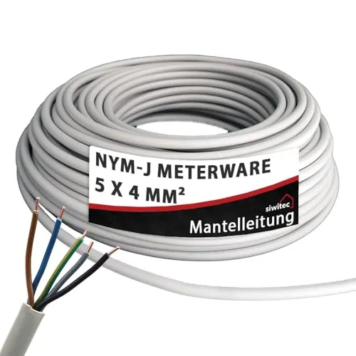 siwitec NYM-Kabel | NYM-J 5x4 mm² | 5 m Kabel | Meterware 3-100 m | Stromkabel nach Maß | Installationskabel | Mantelleitung - Made in Germany