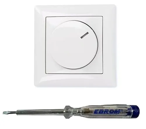 Busch Jäger 6523U-102 LED-Drehdimmer LED-Dimmer mit Dimmerscheibe Zentralplatte 2115-914 und Einfachrahmen in Balance Si alpinweiß glänzend inklusive EBROM Phasenprüfer zur Montage des Dimmers