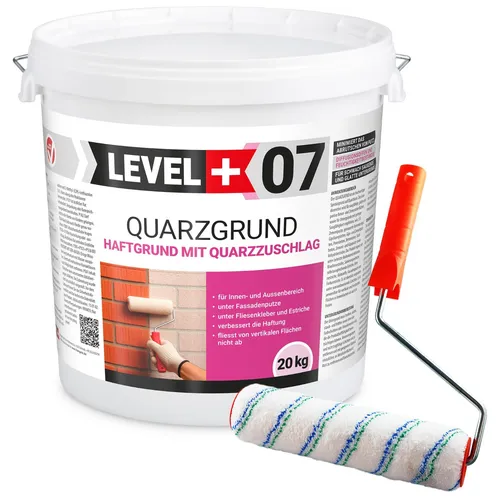 Haftgrund Quarzgrund 20Kg Weiß mit Streichroller 25cm - Frostbeständige Grundierung für Innen und Außen, deckt ca. 60m² und ist schnelltrocknend. Ideal für verschiedene Oberflächen wie Beton und Holz.