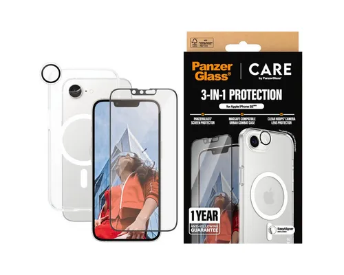 PanzerGlass CARE Flagship 3-in-1 Bundle für iPhone SE 2025 - Zubehör mit umfassendem Schutz, inklusive Displayschutz, Kameraschutz und Rückseitenschutz für maximalen Schutz Ihres Geräts.