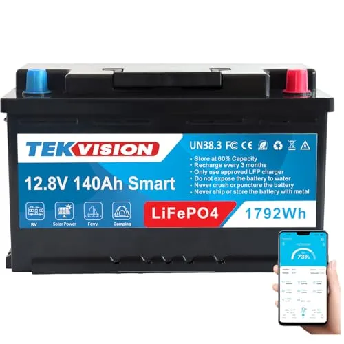 Tekvision LiFePO4 12V 140Ah H7 Lithium Batterie mit Bluetooth - Hochleistungs-Lithiumbatterie für Wohnmobile und Solar, 10 Jahre Lebensdauer und 3.500+ Zyklen. Integriertes Smart BMS mit App-Überwachung für maximale Kontrolle.