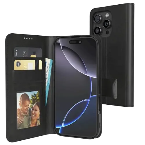 EAZY CASE - Klapphülle für iPhone 16 Pro Hülle klappbar mit Kameraschutz Schutzhülle mit Magnet Flip Case Ständer Kunstleder Klapptasche mit Kartenfach Sichtfenster für Foto Premium Handyhülle Schwarz