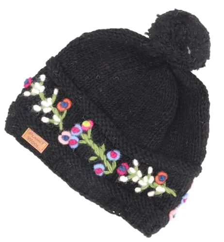 GURU SHOP Bestickte Bommelmütze, Strickmütze aus Schurwolle, Nepalmütze, Wintermütze - Schwarz, Herren/Damen, Synthetisch