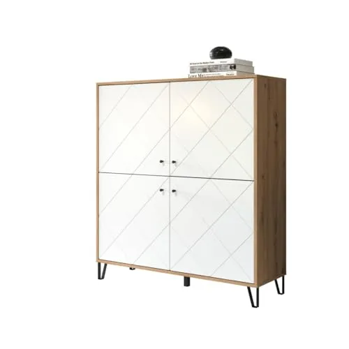 Skandinavisches Highboard Sideboard Schuhschrank mit Fräsung - Kommode im skandinavischen Stil, 136 cm hoch und pflegeleicht, ideal für Flur und Wohnzimmer. Mit eleganten Rautenfräsungen und schwarzem Griff für einen modernen Look.