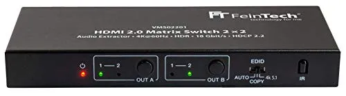 FeinTech VMS02201 HDMI 2.0 Matrix Switch 2x2 mit Audio Extractor 4K HDR - Video Umschaltpulte für die flexible Verteilung von 2 HDMI-Quellen auf 2 Displays, inklusive hochwertigem Audio Extractor für beeindruckenden Klang in 5.1 Dolby Digital.