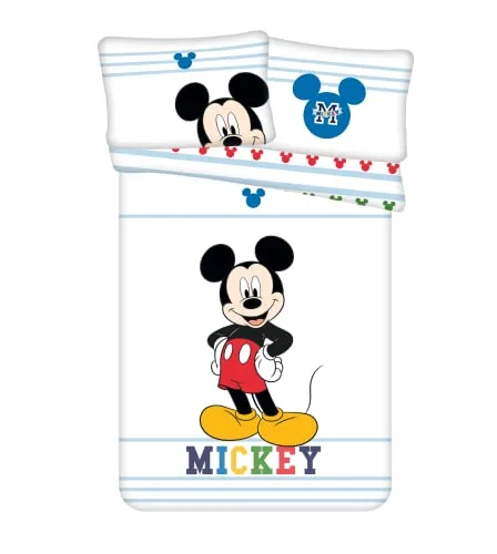 Disney Kinderbettwäsche Mickey Maus mit blauen Streifen Bettdecke 100 x 135 cm + Kopfkissen 40 x 60 cm 100% Baumwolle