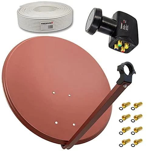 Premium X Satelliten-Komplettanlage 80cm Satellitenschüssel Ziegelrot Quad LNB 50m Antennenkabel 8X F-Stecker, SAT für 4 Teilnehmer