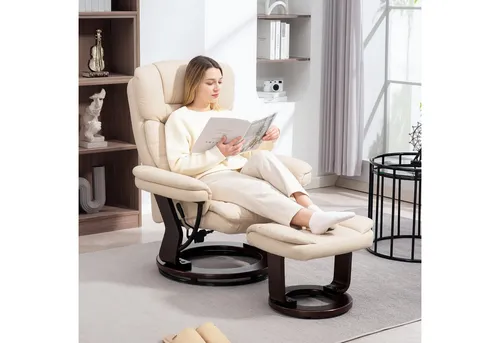 Homcom Relaxsessel Creme, Leder - Eleganter Relaxsessel mit 360° Drehfunktion und bis zu 130° Verstellbarkeit, ideal für wohnlichen Komfort im Wohnzimmer. Das Taschenfederkernsystem sorgt für optimale Unterstützung und Rückfederung.