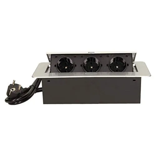 Orno OR-AE-1337(GS) Versenkbare Einbau Steckdosenleiste 3-fach || 2500W max || Anschlussfertig mit 1.5m Schukokabel (Silber)