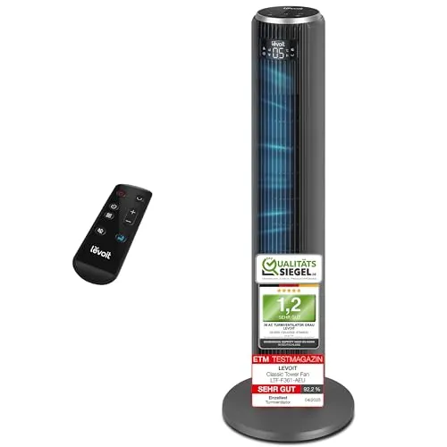 Levoit Turmventilator - Leiser Turmventilator mit Fernbedienung und Schlafmodus - Turmventilator mit 5 Geschwindigkeiten und 4 Modi, ideal für ruhige Nächte dank intelligentem Schlafmodus und niedrigem Stromverbrauch von nur 0,08 Euro pro Nacht.