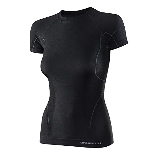 BRUBECK T-Shirt Kurzarm Damen I Funktionswäsche für Frauen I Base Layer Long Sleeve Seamless I Merinoshirt Sport I Trekkingshirt atmungsaktiv I 41% Merino I Gr. XL, Schwarz I SS11700